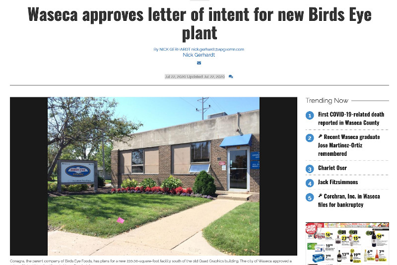 Waseca approves letter of intent for new Birds Eye plant-header