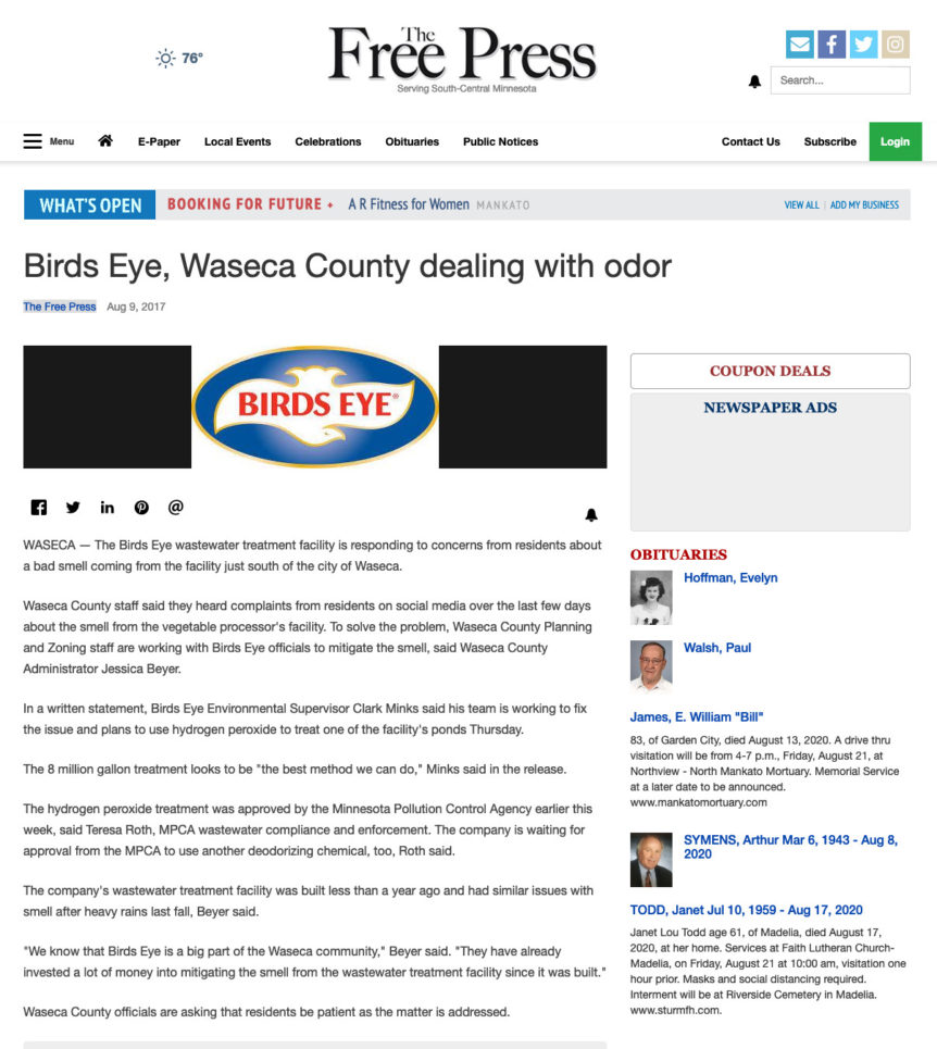 the free press birds eye waseca county dealing with odor